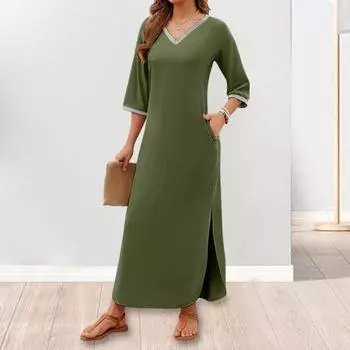 Yousheng Женское Макси Платье с Боковыми Карманами V-образный вырез Рукава 3/4 Свободный Разрез Подол Однотонный Лоскутный Однотонный Свободный Пуловер Пляжное Платье S чёрный