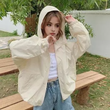 Yousheng Женское Осенне-Весеннее Пальто Свободного Цвета Молния Длинные Рукава Капюшон Карманы Гладкая Поверхность Путешествовать Уличная Куртка L чёрный