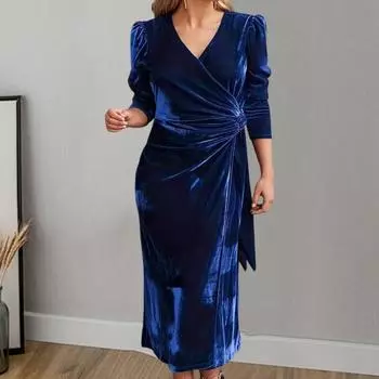 Yousheng Женское Осенне-Весеннее Платье С Перекрестным V-образным Вырезом Однотонное Шнуровка Узкая Талия Бархатное Длина До Середины Икры Длинные Рукава Плиссированное Платье Миди Для Свиданий И Езды На Природе S красный