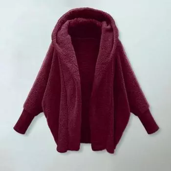 Yousheng Женское осенне-зимнее плюшевое пальто с капюшоном, длинным рукавом, открытая передняя часть, однотонная флисовая куртка, утолщенная теплая верхняя одежда M темно-синий