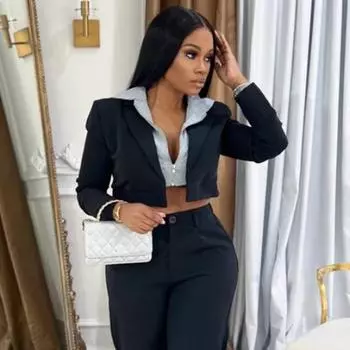 Yousheng Женское Пальто С Капюшоном Длинный Рукав Поддельный Двухсекционный Короткий Джемпер Американский Стиль Застежка-Молния Верхняя Одежда Повседневная Одежда S чёрный