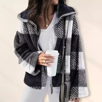Yousheng Женское пальто с лацканами, длинным рукавом, клетчатым узором, куртка свободного кроя, застежка-молния, двусторонняя плюшевая ткань, куртка, пальто XL