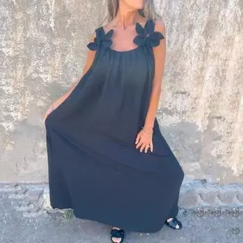 Yousheng женское платье 3D Rose Decor плечевой ремень без рукавов плиссированное платье-комбинация свободное однотонное платье макси с открытой спиной для пляжных вечеринок свиданий L зелёный