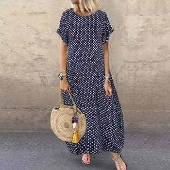 Yousheng Женское Платье Больших Размеров с Гороховым Принтом в Бохо-Стиле Платье Макси Для Отдыха Круглый Вырез Короткие Рукава С Карманами Пляжное Платье Для Путешествий XL белый