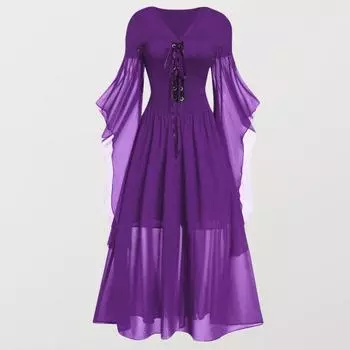 Yousheng Женское платье для косплея в готическом стиле, костюм ведьмы на Хэллоуин, шнуровка на ремне, V-образный вырез, цветное платье с длинными рукавами и роговыми вставками, А-силуэт, платье для выступлений M красный/белый