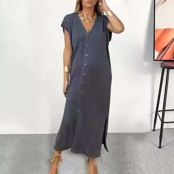 Yousheng женское платье летнее повседневное платье миди с коротким рукавом свободное платье-рубашка с V-образным вырезом на пуговицах для повседневной жизни свиданий работы 3XL темно-серого