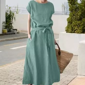 Yousheng Женское платье макси из хлопка и льна в стиле бохо, летнее, с коротким рукавом, круглым вырезом, длинным платьем с поясом и карманами, повседневный пляжный сарафан M темно-синий