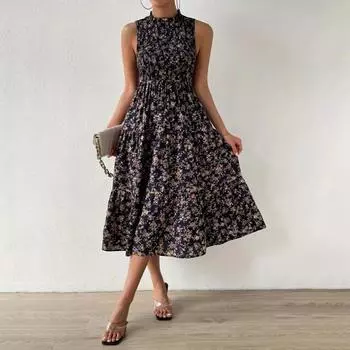 Yousheng Женское Платье Миди Круглый Вырез Эластичный Высокая Талия Без Рукавов А-силуэта Большое Летнее Платье Цветочный Принт Пляжное Платье Для Отдыха XL темно-красного