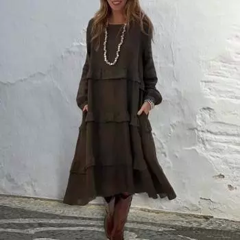 Yousheng женское платье миди с длинным рукавом, свободное многоуровневое платье с оборками, повседневное весеннее платье-пуловер с круглым вырезом для отпуска на пляже S красный