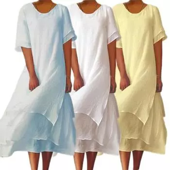 Yousheng женское платье миди с круглым вырезом и коротким рукавом, многослойный разрез, однотонное платье свободного кроя, повседневное платье M жёлтый