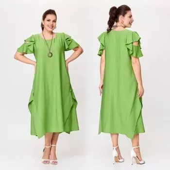 Yousheng Женское платье миди с круглым вырезом, оборками, короткими рукавами, повседневное свободное платье с карманами, однотонное платье длиной до середины икры 3XL