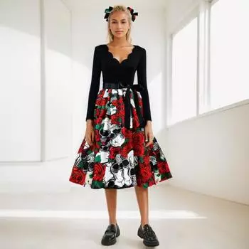 Yousheng женское платье на Хэллоуин, А-силуэт, большой качели, череп, принт, шнуровка, бант, пояс, волнистый V-образный вырез, плиссе, длинные рукава, карнавальное платье для вечеринки XXL