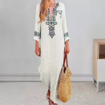 Yousheng Женское платье осень-весна с V-образным вырезом, неровным подолом, цветочным принтом, длинными рукавами, свободным разрезом по бокам, в этническом стиле, повседневное пляжное платье макси L фиолетовый