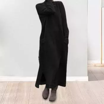 Yousheng женское платье осень-весна с карманами, свободные длинные рукава, разрез по низу, чистый цвет, большие размеры, трикотажная кружевная отделка, повседневное платье макси M