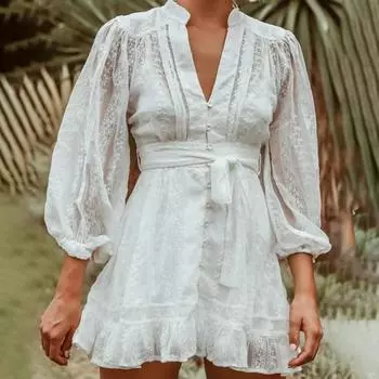 Yousheng Женское платье осень-весна со шнуровкой, обтягивающая талия, однотонное А-силуэтное однобортное платье с длинными рукавами, V-образным вырезом, оборками по подолу, мини-платье для свиданий и путешествий S белый