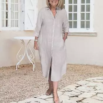 Yousheng женское платье-рубашка с длинным рукавом на пуговицах, свободное хлопковое льняное длинное платье с V-образным вырезом и карманами, летний повседневный наряд S белый
