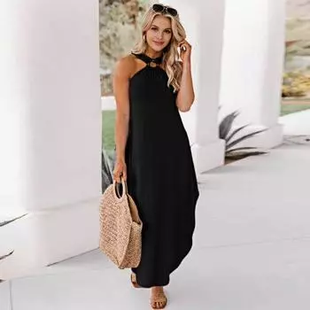 Yousheng Женское платье с бретелью через шею, открытыми плечами, без рукавов, свободное макси-платье с карманами, летнее пляжное платье для отдыха XXL армия зеленый