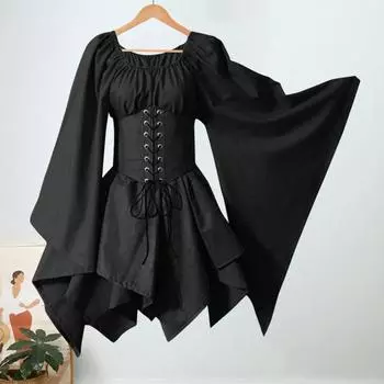 Yousheng женское платье с длинными рукавами средневековый винтажный костюм эльфа-феи с рукавами-колокольчиками в стиле ретро с завязками на талии в стиле пэчворк для косплея на Хэллоуин L хаки