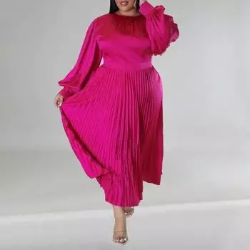 Yousheng Женское платье с круглым вырезом и рукавами-фонариками, длинное платье большого размера с высокой талией и плиссированным подолом, гладкое длинное платье XXXXL зелёный