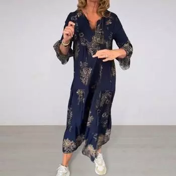 Yousheng женское платье с v-образным вырезом в богемном стиле и цифровым принтом трапециевидной формы, большие свободные плиссированные длинные рукава, пляжное платье макси для отдыха L темно-синий