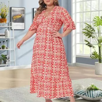 Yousheng Женское платье с V-образным вырезом, короткими рукавами, эластичной завышенной талией, струящимся подолом, платье миди с геометрическим принтом, вечернее пляжное платье XXL зелёный