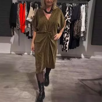 Yousheng женское платье с V-образным вырезом длиной до колена, свободное однотонное платье миди с блестящим узлом на талии, короткие рукава, повседневное платье для свиданий XXXL темно-желтого