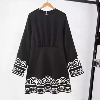 Yousheng Женское платье с вышивкой Круглый вырез Свободный длинный рукав Однотонный А-силуэт Пуловер Короткое платье Открытая спина Весна Осень Мини-платье S чёрный