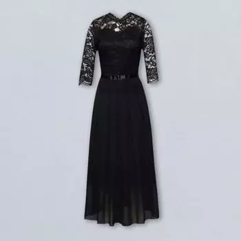 Yousheng женское платье шифоновое прозрачное кружевное пэчворк круглое горло длинные рукава вечернее платье тонкое талии А-силуэта плиссированное выпускное платье S синий