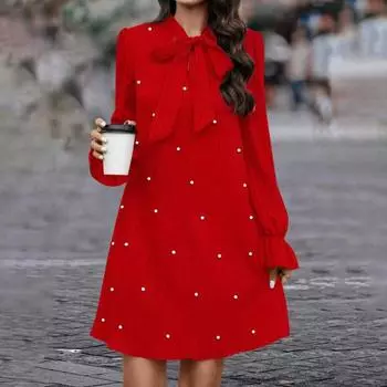 Yousheng женское платье со шнуровкой и бантом из искусственного жемчуга А-силуэта с рукавами-фонариками, однотонное мини-платье длиной выше колена, короткое платье для выпускного вечера, свидания S чёрный