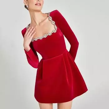 Yousheng женское платье со стразами, квадратным вырезом, длинными рукавами, однотонное мини-платье А-силуэта, длиной выше колена, осенне-весеннее платье для свиданий и вечеринок S красный