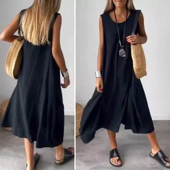 Yousheng Женское платье Тип жилета без рукавов с круглым вырезом Свободное трапециевидное плиссированное подол с большим подолом Сплошной цвет Повседневная повседневная одежда Пляжное платье миди Длинный сарафан M зелёный
