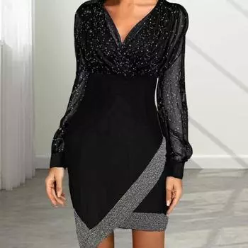 Yousheng Женское платье весна-осень с V-образным вырезом, рукавами-фонариками, неровным подолом, прозрачная сетка, пайетки, пэчворк, облегающее, длиной выше колена, мини-платье для выпускного вечера S вино красного