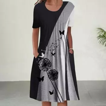 Yousheng Женское повседневное платье-футболка, летнее платье-трапеция с коротким рукавом, цветочным принтом, круглым вырезом, плиссированным миди-платьем с карманом M чёрный