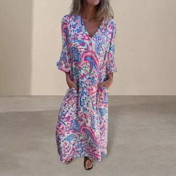 Yousheng Женское принтованное макси-платье Весна-лето V-образный вырез Бохо Праздничное платье Длинные рукава Свободное платье с карманами для повседневной жизни Вечеринки Пляж M светло-зеленый
