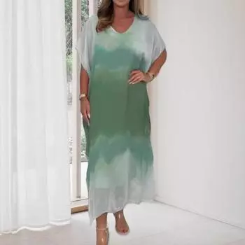 Yousheng женское шифоновое макси-платье с градиентным принтом и V-образным вырезом, коротким рукавом, длинное платье, повседневный свободный пляжный сарафан для летнего отдыха S розовый