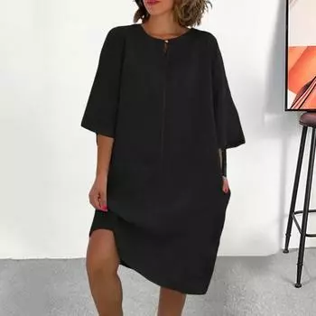 Yousheng Женское свободное платье-рубашка из хлопка и льна Повседневное платье миди с рукавом 1/2 и круглым вырезом Летний пляжный сарафан для отдыха S жёлтый