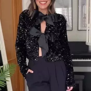 Yousheng Женское укороченное пальто осень-зима с круглым вырезом и длинным рукавом, сексуальное пальто для ночного клуба, блестящий кардиган с бантом на шнуровке, верхняя одежда для вечеринок и клуба L чёрный