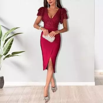 Yousheng Женское вечернее платье Глубокий V-образный вырез Узкое платье-футляр с разрезом по подолу и рюшами с короткими рукавами Прозрачное кружево Чистый цвет Плиссированное платье миди для выпускного вечера L вино красного