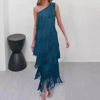 Yousheng женское вечернее платье многослойное с бахромой и кисточками на одно плечо без рукавов однотонное асимметричное длиной до щиколотки коктейльное вечернее выпускное танцевальное платье макси L озеро синий