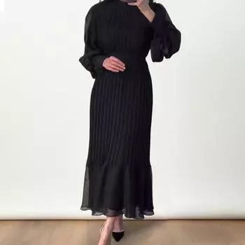 Yousheng Женское вечернее платье Плиссированное А-силуэтное платье с длинными рукавами-фонариками Плиссированное прозрачное сетчатое платье-стойка с узкой талией и оборками в стиле пэчворк Макси-платье 2XL темно-синий