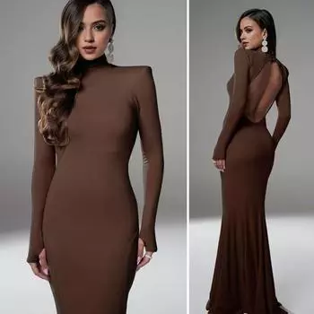 Yousheng Женское вечернее платье с длинными рукавами, облегающее, однотонное, с вырезом на спине, длиной до пола, эластичное, с полувысоким воротником, выпускное вечернее платье макси S коричневый