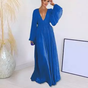 Yousheng Женское вечернее платье с глубоким V-образным вырезом, плиссированное, с длинными рукавами, однотонное, с высокой талией, для отдыха на пляже, длинное платье для выпускного вечера S красный