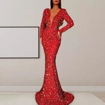 Yousheng Женское вечернее платье с глубоким V-образным вырезом и длинными рукавами, облегающее платье с вырезом «рыбий хвост», пайетками, длиной до пола, застежкой-молнией сзади, макси-платье XXL красный