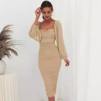 Yousheng женское вечернее платье с квадратным вырезом, сетчатым рукавом-фонариком, плиссированное облегающее платье чистого цвета, эластичное, длиной до середины икры, миди-платье для выпускного вечера, официальной вечеринки M зелёный