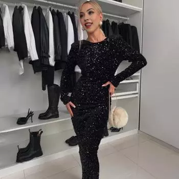 Yousheng женское вечернее платье с открытой спиной, большим бантом, декором из пайеток, круглым вырезом, средней талией, облегающим макси-платьем с длинным рукавом, выпускным клубным платьем S красный