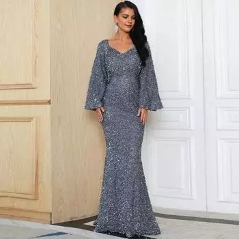 Yousheng Женское вечернее платье с рукавами-колокольчиками, пайетками, А-силуэтом, облегающим фасоном, глубоким вырезом, V-образным вырезом, макси-платьем со средней талией и застежкой-молнией сзади, выпускное платье S