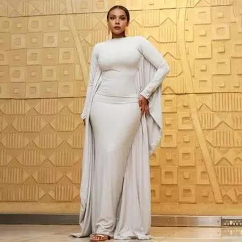 Yousheng Женское вечернее платье с рукавами «летучая мышь» Узкое платье-накидка Однотонное платье с круглым вырезом и длинными рукавами Платье-футляр для выпускного вечера, коктейля, ужина, особых случаев Макси-платье S белый