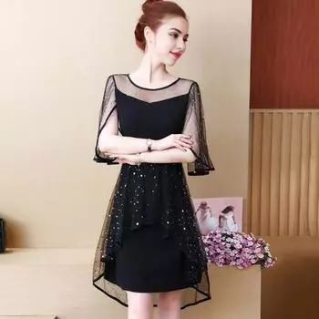 Yousheng женское вечернее платье с сетчатым лоскутным узором, неровным круглым вырезом, звездами, пайетками, двухслойными оборками, короткими рукавами, выпускным вечером, мини-платьем для свиданий XL чёрный