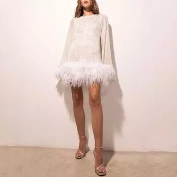 Yousheng женское вечернее платье с тонкой талией, пайетками, перьями, открытой спиной, длинными рукавами, О-образным вырезом, короткое платье для выпускного вечера, свадьбы, мини-платье S розовый