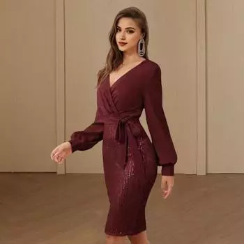 Yousheng женское вечернее платье с V-образным вырезом, облегающее платье-футляр с длинными рукавами, пайетками, шнуровкой на талии, длиной до колена, мини-платье для офиса, банкета, деловой поездки S